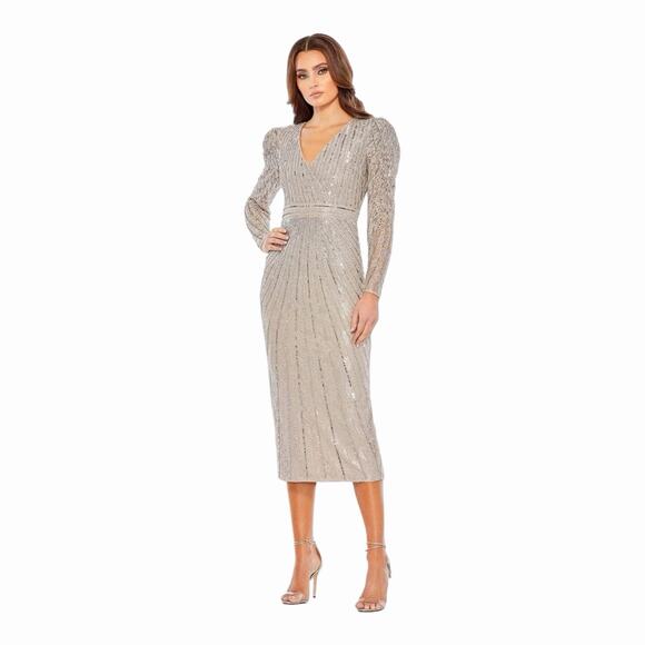 Mac Duggal 93676 Midi Dress Beaded V-Neck Long Sleeve Taupe Sequin Size 6 - Picture 14 of 14